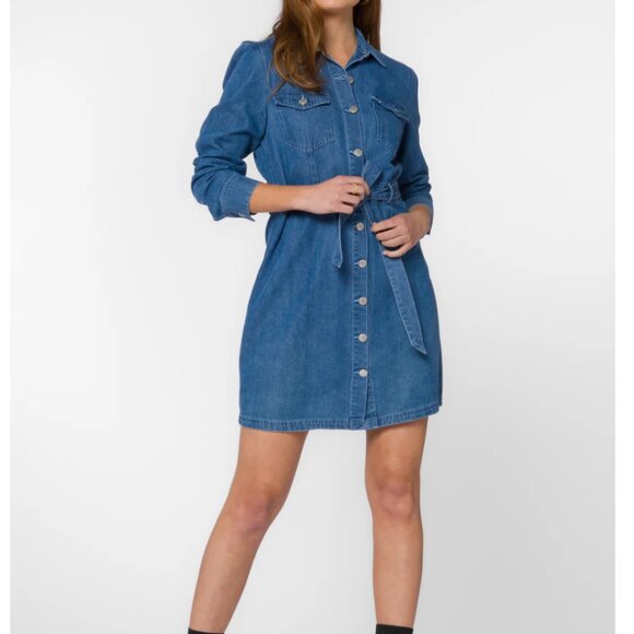SAHARA CLASSIC INDIGO DRESS DENIM BUTTON DOWN DRESS WITH WAIST TIE LONG SLEEVE - Picture 4 of 5